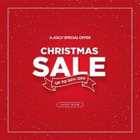 Simple Red Christmas Sale Card Poster with Up To 50 Off tag and shop now CTA Button. Vector Illustration. EPS 10.