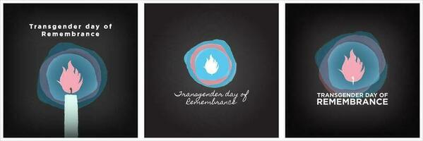 Set of Transgender Day of Remembrance greeting card posters with painted trans pride color lights and candle on dark background. In honor of victims of transphobia. Vector Illustration. EPS 10.