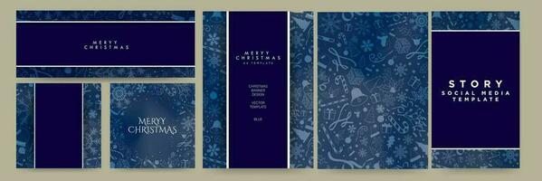 Set of Blue Gradient Christmas Card Poster Templates, greeting cards, poster, banner layouts. Monochromatic Decorative Christmas design templates. Luxurious xmas mock ups. Editable vector Illustration