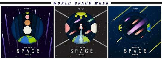 Set of World Space Week Colorful Paper Origami Greeting Cards and Artworks. Spaceship launching into space with planets, sun, and comets. Asteroids in galaxy, and solar system planets. Vector Art.