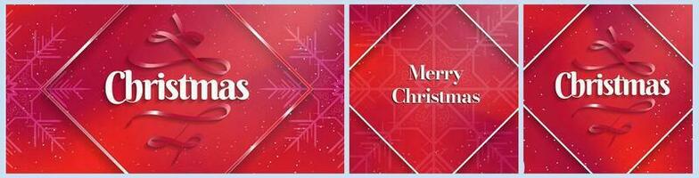 Set of Red Gradient Christmas Banner and Card templates with red shining frame, snowflakes, and red liquid gradient design background. Editable Vector Illustration. For the holiday season.