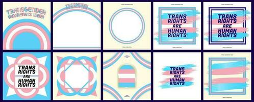 Set of Transgender Awareness Week Greeting Cards, Social Media post template, and motivational artworks. Trans rights are human rights. Trans pride colors. Editable Vector Illustration.