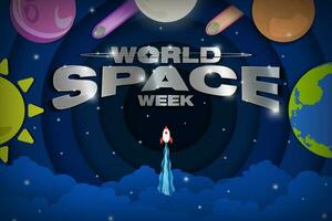 World Space Week Greeting Banner, celebrated on October 4 to 10. Solar System paper origami with Sun, Earth, glowing moon, Mars, Venus, Mercury. Rocket ship into space. Vector Illustration.