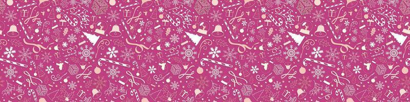 Big Horizontal Christmas Banner Seamless Pattern with cute Orange and Peach Christmas elements on Magenta-red Background. Snowflakes, Christmas trees, Snowman, candy cane, bells, wreath, stars, santa