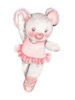 Watercolor hand drawn of gray mouse ballerina in pink dress. png