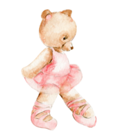 Watercolor hand drawn of brown bear ballerina in pink dress. png