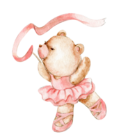 acuarela mano dibujado de marrón oso bailarina en rosado vestido. png