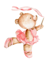 Watercolor hand drawn of brown bear ballerina in pink dress. png