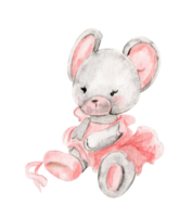 Watercolor hand drawn of gray mouse ballerina in pink dress. png