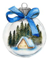 Glass ball with wooden house in snow and forest behind inside. png