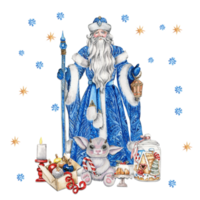 Composition of Santa Claus with Christmas stick,long white beard and lamp in hands in blue coat with white ornament with box with presents and cute animals. png