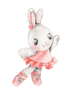 Watercolor hand drawn of rabbit ballerina in pink dress. png