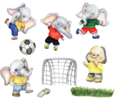 uppsättning av elefant fotboll spelare vattenfärg illustration. png