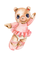 Watercolor hand drawn of brown bear ballerina in pink dress. png