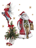 Watercolor illustration of Santa Claus Christmas tree and elf. Greeting New Year's card, Santa Claus with long white beard. Santa in red coat with white ornament. png