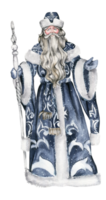 Watercolor illustration of Santa Claus with Christmas stick . Greeting New Year's card, Russian Santa Claus with long white beard. Santa in blue coat with white ornament. png