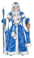 Watercolor illustration of Santa Claus with Christmas stick . Greeting New Year's card, Russian Santa Claus with long white beard. Santa in blue coat with white ornament. png