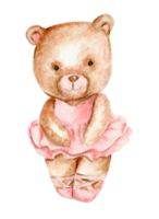 Watercolor hand drawn of brown bear ballerina in pink dress. png