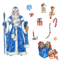 Watercolor illustration of Santa Claus and box with Christmas gifts. New Year's card, Santa Claus with long white beard.Santa in blue coat with white ornament. png