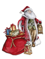 vattenfärg illustration av santa claus och röd väska med jul gåvor. hälsning ny år kort, santa claus med lång vit skägg. santa i röd täcka med vit prydnad. png