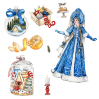 Watercolor illustration of Snow maiden girl in blue dress and box with Christmas gifts. png