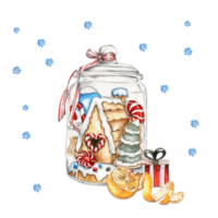 Christmas composition with glass bottle with gingerbread house inside. png