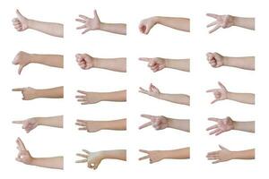 conjunto de niño manos demostración símbolos y gestos aislado en blanco antecedentes. con recorte camino. foto