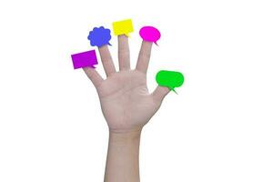 Multicolor speech bubbles on child hand fingers isolated on white background, with clipping path. photo