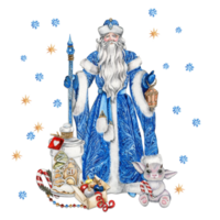 Composition of Santa Claus with Christmas stick,long white beard and lamp in hands in blue coat with white ornament with box with presents and cute animals. png