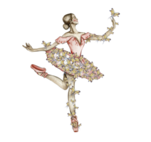 Watercolor dancing ballerina in red dress with butterflies. png