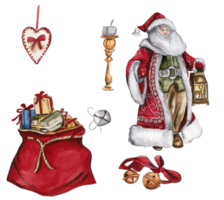 Watercolor illustration of Santa Claus, bells and red bag with Christmas gifts. Greeting New Year's card, Santa Claus with long white beard. Santa in red coat with white ornament. png