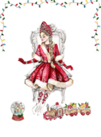 The Snow Maiden in a christmas dress. Watercolor illustration. Snow Maiden, fabulous winter Russian girl, Cute granddaughter of Russian Santa Claus, watercolor portrait in a red winter colors. png