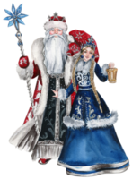 Santa claus mit Weihnachten Stock, lange Weiß Bart im rot Mantel mit Weiß Ornament und Schnee Mädchen im ein Blau Mantel. png