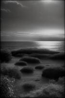 A Black And White Photo Of A Body Of Water. AI Generated