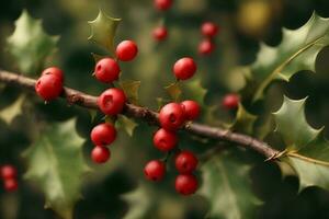 A Branch With Red Berries And Green Leaves. AI Generated photo