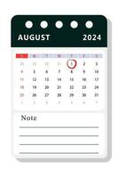 August 2024 note calendar template. Vector design