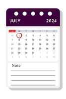 July 2024 note calendar template. Vector design