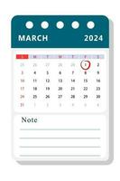 March 2024 note calendar template. Vector design