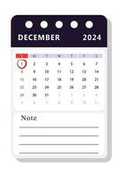 December 2024 note calendar template. Vector design