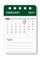 February 2024 note calendar template. Vector design