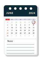 June 2024 note calendar template. Vector design