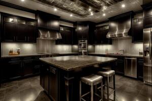 A Kitchen With A Center Island Surrounded By Black Cabinets. photo