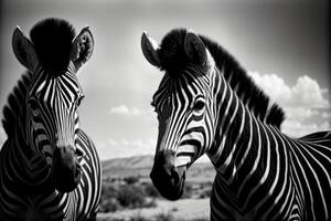 A Couple Of Zebra Standing Next To Each Other. AI Generated photo