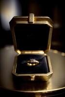 A Close Up Of A Ring In A Box On A Table. photo
