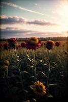 un campo lleno con un montón de flores debajo un nublado cielo. ai generado foto