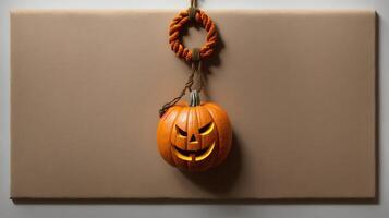 un calabaza colgando desde un cuerda en un pared. ai generado foto