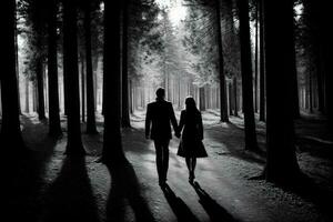 A Couple Walking Through A Forest Holding Hands. AI Generated photo