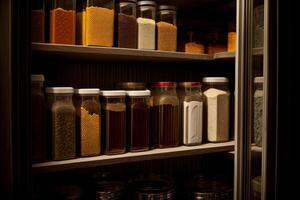 un refrigerador lleno con un montón de diferente tipos de alimento. ai generado foto