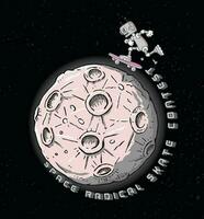Vector, hand drawn illustration of retro robot riding a skateboard on a moon. Drawing in cartoon style. vector