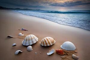 un grupo de conchas marinas sentado en parte superior de un arenoso playa. ai generado foto